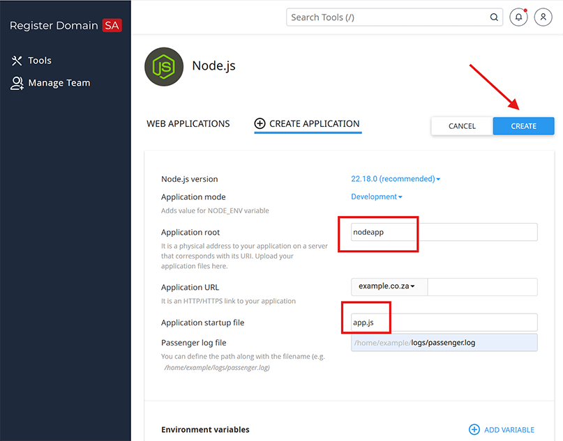 Create Node.js Application settings in CloudLinux Node.js Selector inside cPanel