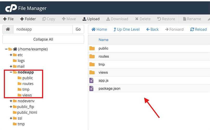 Upload Node.js app files in cPanel File Manager to the application root folder